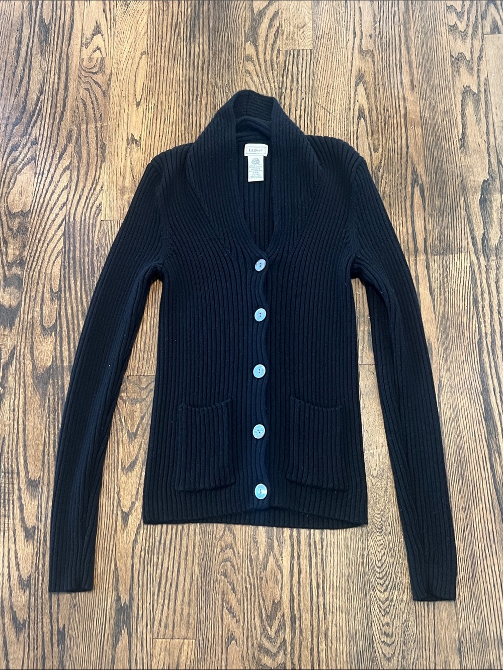 Vintage L.L. Bean Black Ribbed Shawl-Collar Button Cardigan
